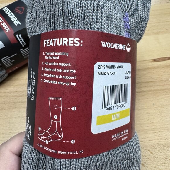 Wolverine Women's Wool Boot Socks sz M 6-9 Grey/Purple 2 Packs, 4 Pairs Total - Picture 4 of 5